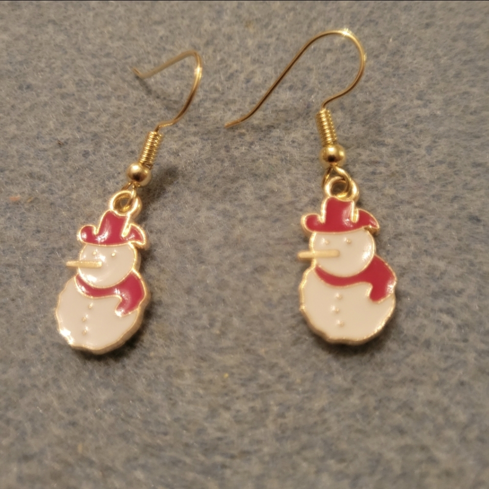 Gold, Red and White Snowman Charm Earrings